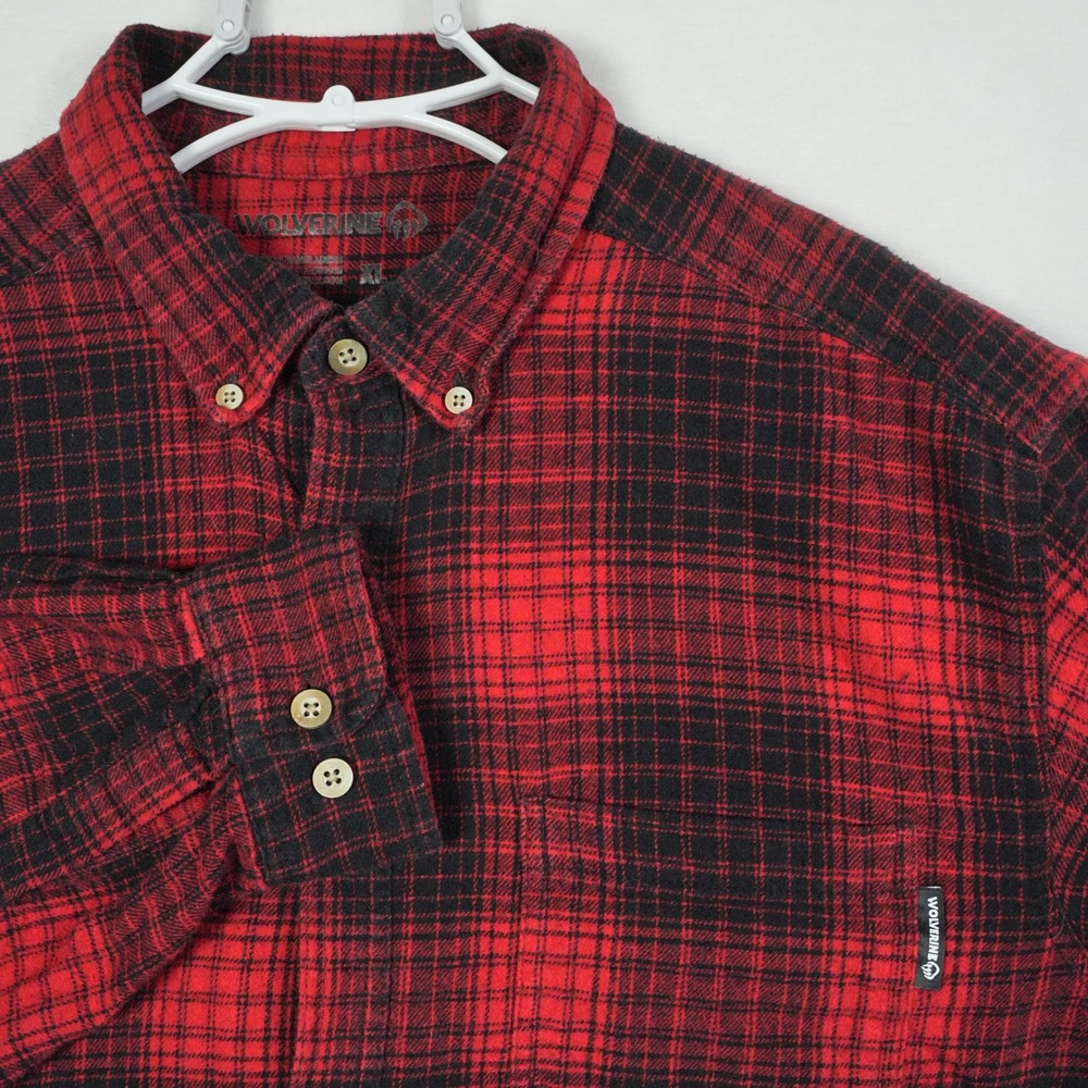 WOLVERINE Mens Red‎ Black Plaid Flannel Button Down Shirt Long Sleeve XL Cotton